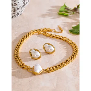 Yhpup Baroque Simulated Pearl Cuban Necklace and Earrings Set