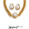 Yhpup Baroque Simulated Pearl Cuban Necklace and Earrings Set