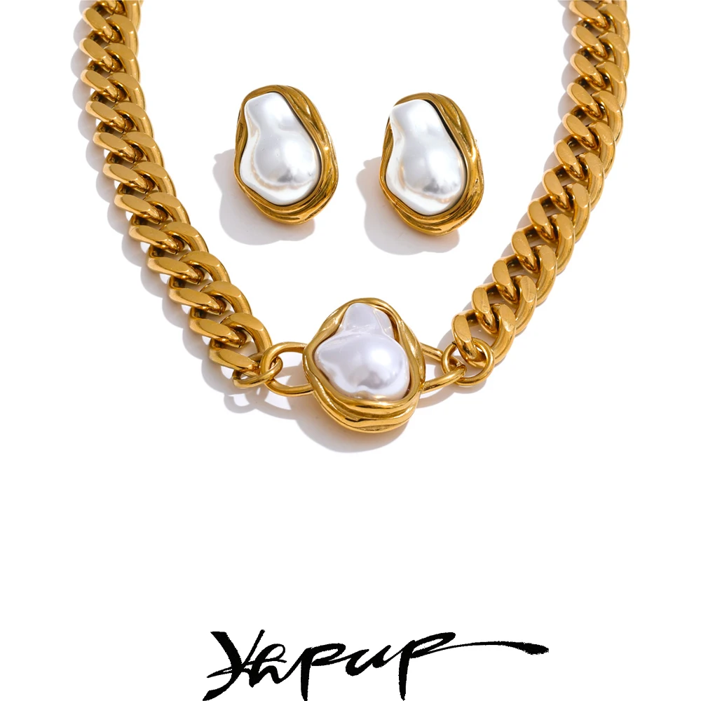 Yhpup Baroque Simulated Pearl Cuban Necklace and Earrings Set - Image 2