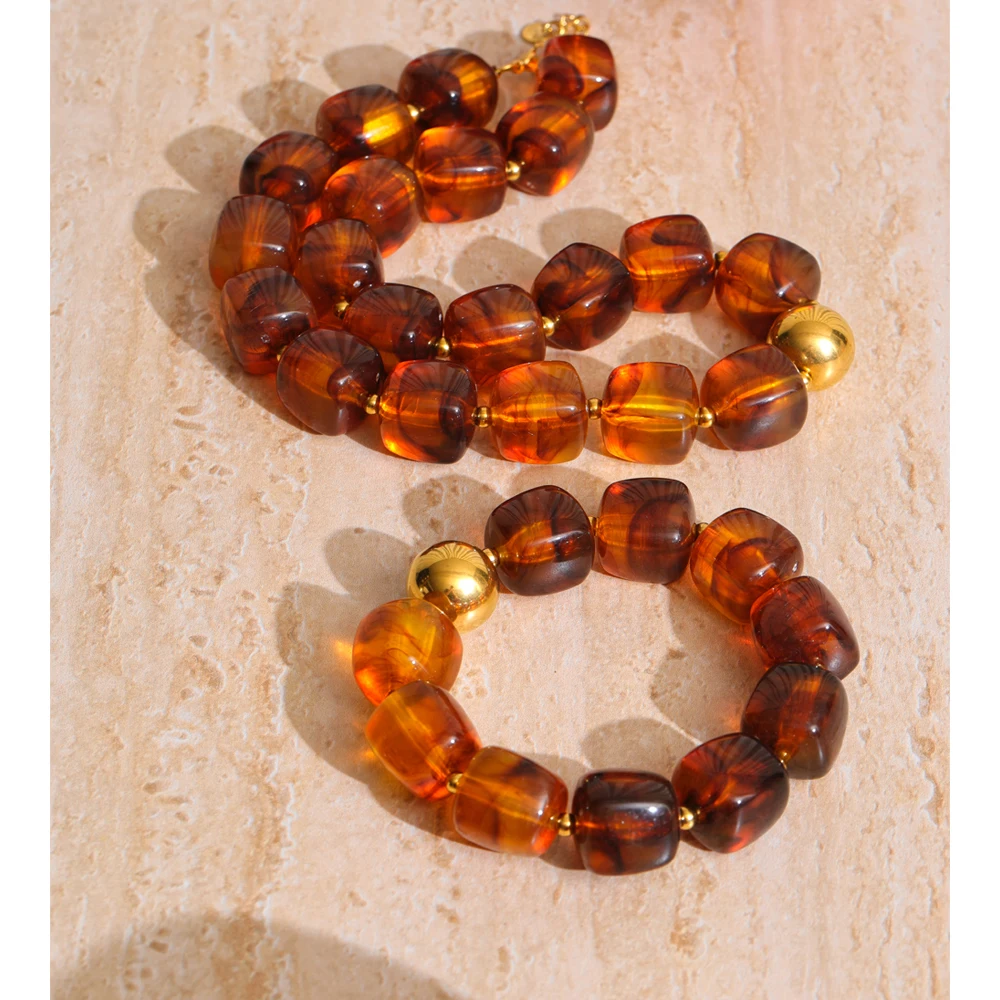 Yhpup Sculpted Amber: Waterproof Square-Bead Jewelry - Image 6